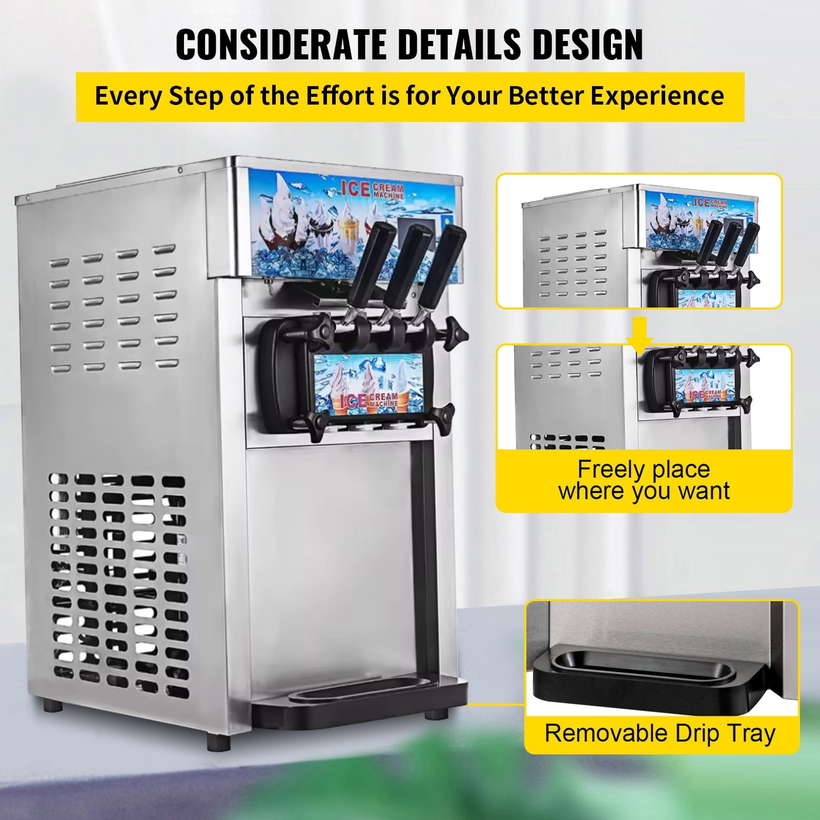 SHENGJINSH 1200W Ice Cream Machine, 18L/H Soft Serve Machine, Countertop Ice Cream Maker with 3 Flavors LCD Panel