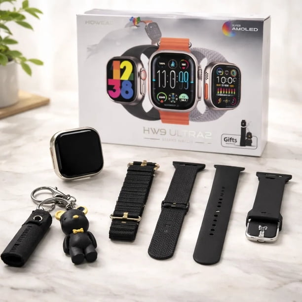 SMARTWATCH HW9 ULTRA2 CON 3 CORREAS Y LLAVERO DE REGALO NEGRO SPORT PLATEADO