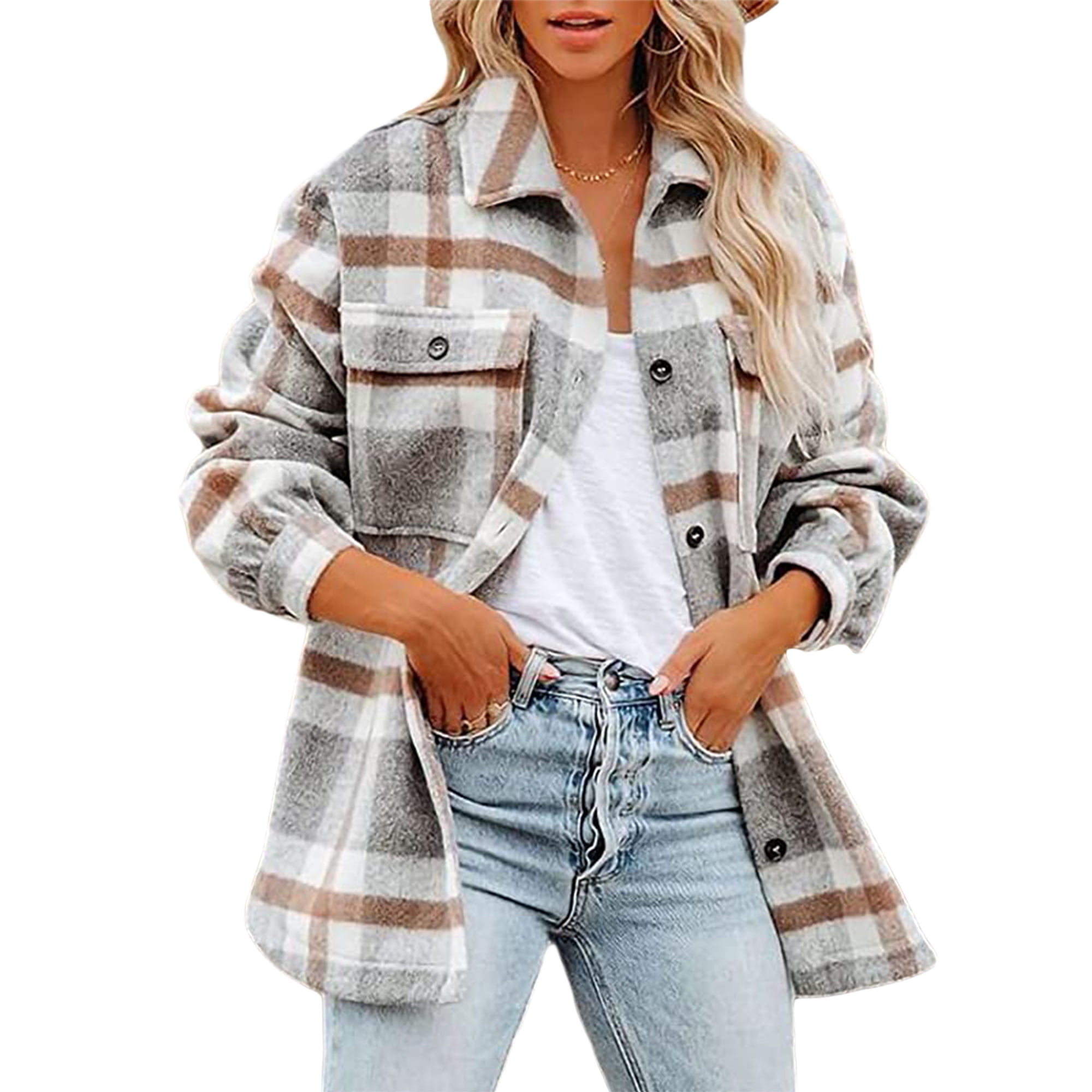 Focusnorm Women Juniors Shacket Loose Shirt Jacket Long Sleeve Lapel Outerwear With Pockets Other