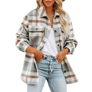 Diconna Women Brushed Flannel Plaid Shirts Casual Long Sleeve Button Down Shacket Jacket Oversized Lapel Top with Pocket