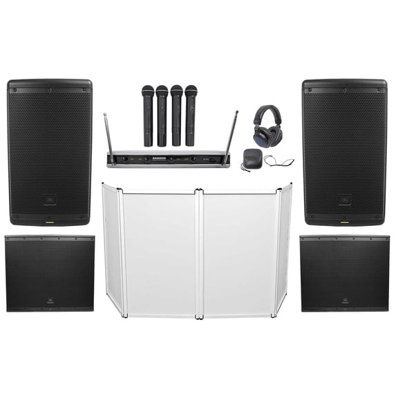 2) JBL EON610 10" 2000w Bluetooth DJ PA Speakers+2) Subs+Facade+Mics+Headphones