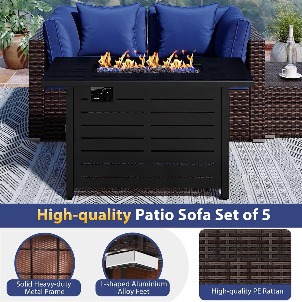 Topcobee Heavy-duty Frame Rattan Sofa Set with 60000 BTU Firepit Table, Patio Furniture Set for Outdoor, Comfort-Navy