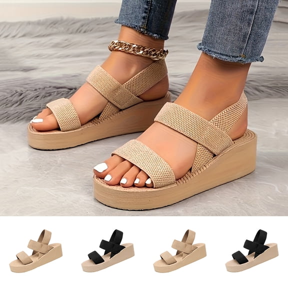 Rvasteizo Women Casual Shoes Solid Round Toe Open Toe Elastic Strap Thick Sole Wedge Plus Size Layout