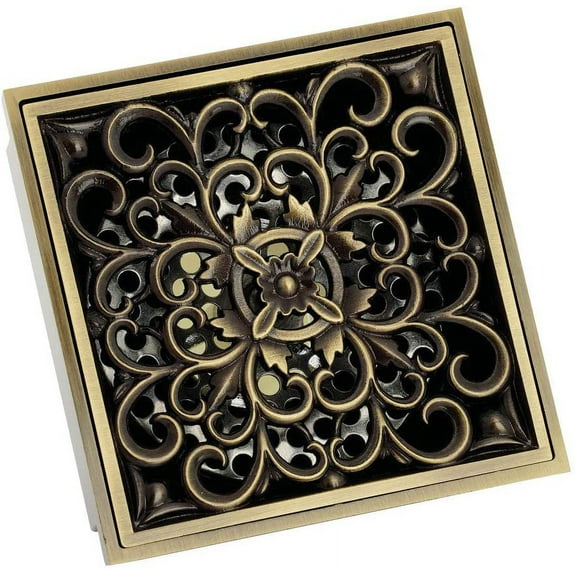 Kingston Brass BSF9771AB Watercourse Scroll 4" Square Grid Shower Drain, Antique Brass (Pack of 2)