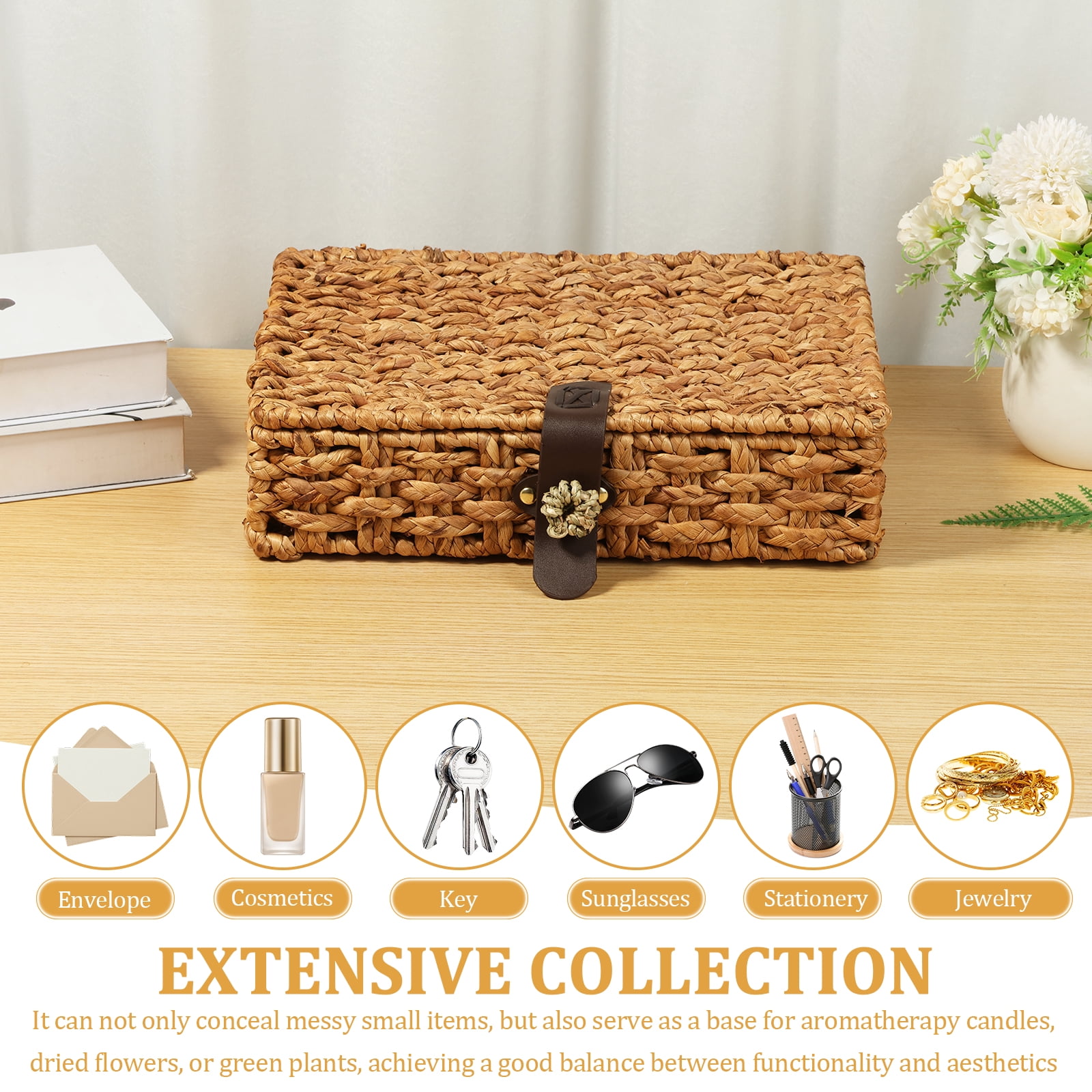 Ihvewuo Decorative Box with Lid Treated Gourd Grass Storage Basket Treated Gourd Grass Woven Decorative Box for Shelf Coffee Table Console Table Home Decor (Large or Small)