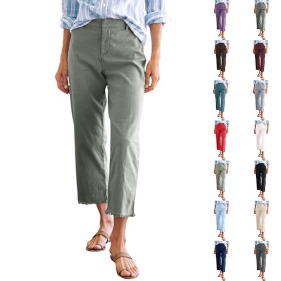 Women's High Waisted Cropped Linen Pants Straight Leg with Pockets Business