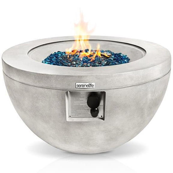 SereneLife Concrete Outdoor Propane Fire Pit Table-CSA/ETL Certified Safe 40,000 Pulse Ignition Weatherproof Round Propane Gas Fire Table -Adjustable Flame, Thermocouple -PVC Cover, Lava Rock-SLFPBAL