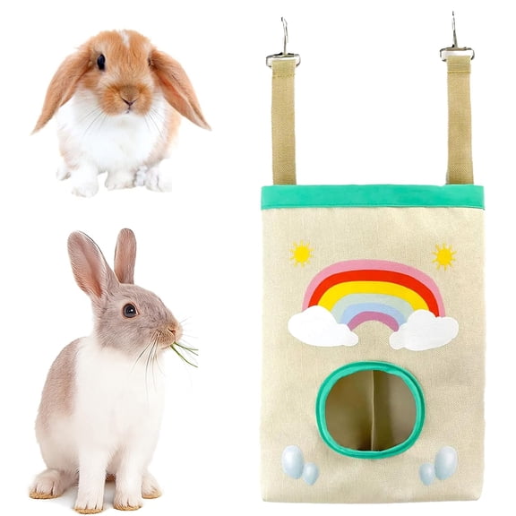 Colenumone Guinea Pigs Hay Feeder Bag for Rabbit and Chinchillas | Cute Rainbow Cloud Design, Washable Oxford Fabric, Hanging Single Hole Timothy Hay Holder 11x7.1in