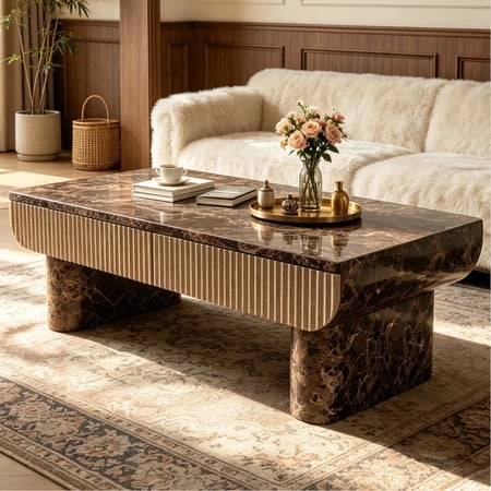 Shaiaield 47 Faux Marble Coffee Table with Walnut Wood Texture Modern Rectangle Coffee Table with Fluted Drawer Unique Coffee Table for Living Room(Natural Walnut)
