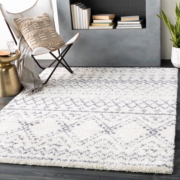 Livabliss Area Rugs for Living Room, 7x9 Maroc Shag Global White Rug, Bedroom Dining Room Home Decor Stain Resistant Carpet (6'7" x 9')