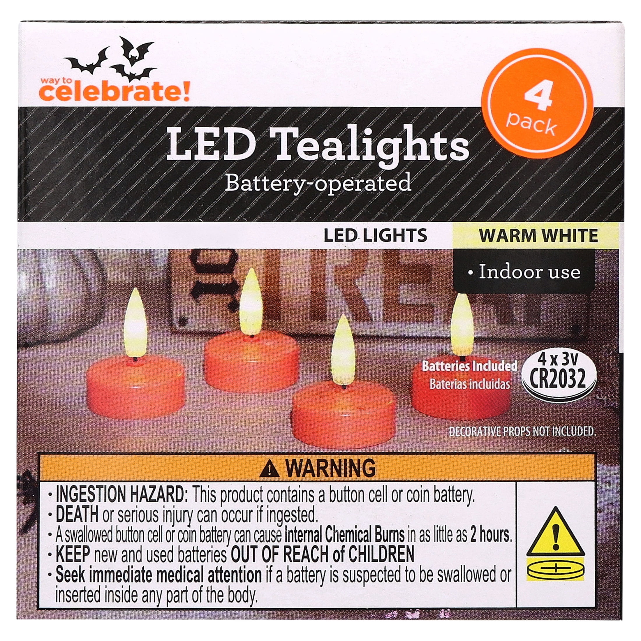 Battery-Operated LED Tealight Candles, Orange, 4 Count, Halloween by Way To Celebrate