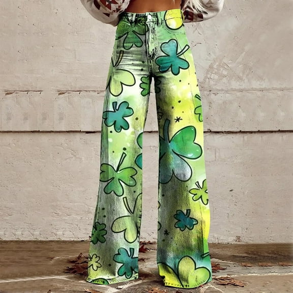 Green Womens Sweatpants Wide Leg Pants Woman High Waist Floral Patterned Pants Lightweight Loose Fit Casual Colorful Trouser Imitation Jeans
