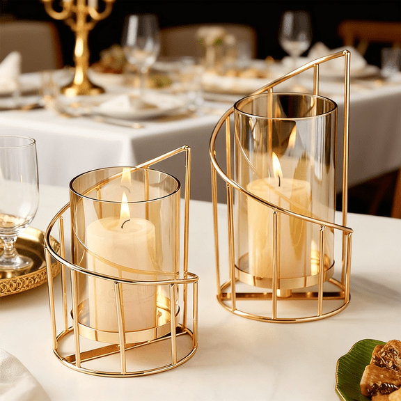 Eurhowing Gold Hurricane Candle Holders Set of 2, Glass Metal Pillar Candle Stands, Elegant Cylinder Stand for Wedding Party & Dining