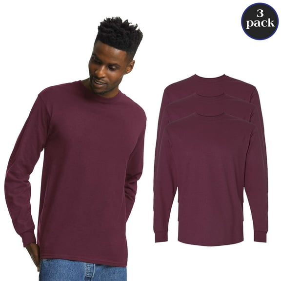 Gildan Men’s Ultra Cotton Long Sleeve T-Shirt, Soft Durable Crew Neck Maroon Shirt, 3 Pack, S