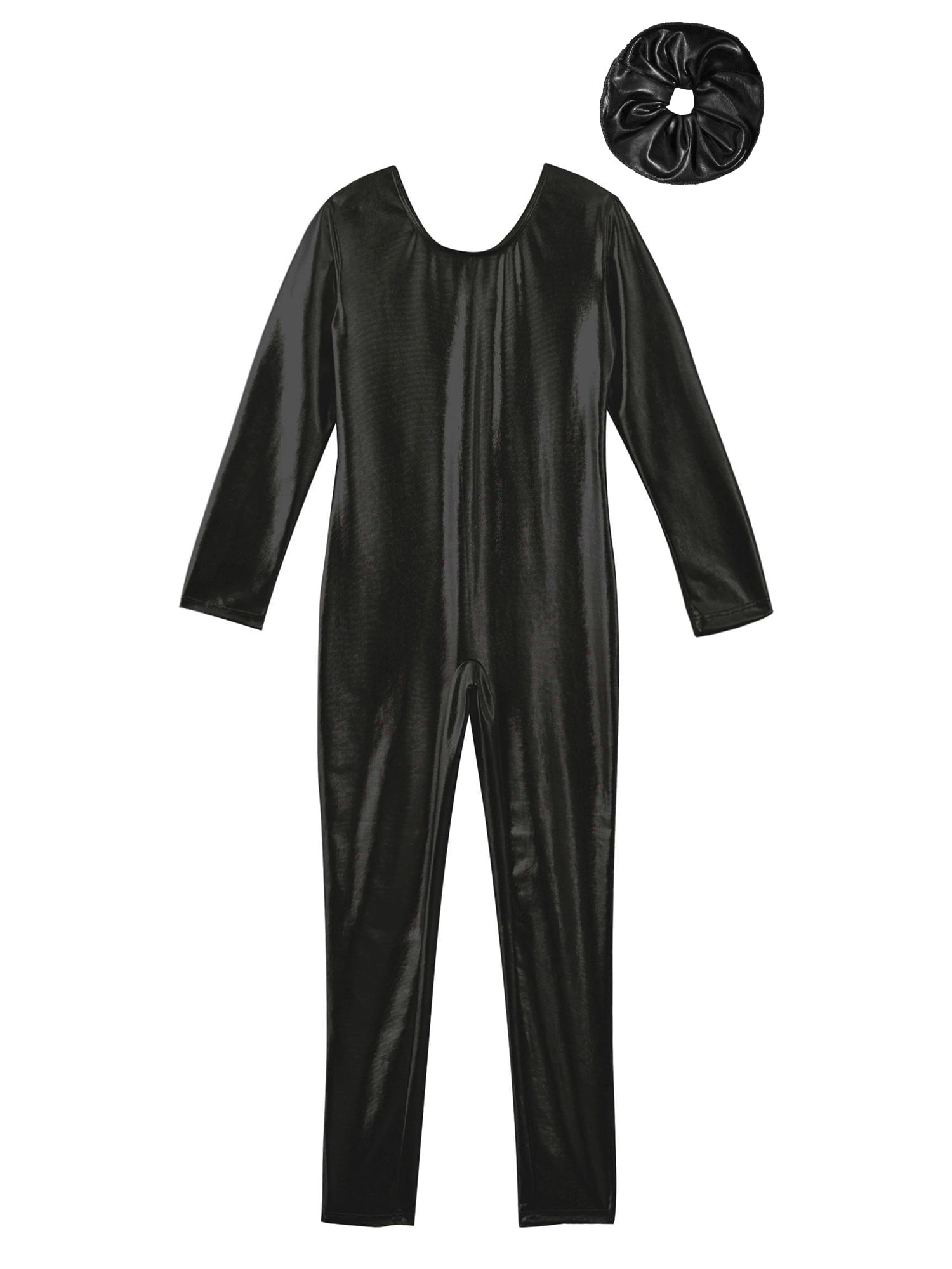 Doomiva Kids Girls Shiny Metallic Long Sleeve Full Body Bodysuit One Piece Jumpsuit with Hair Band Set Black 6