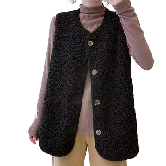 Ashirexll Womens Vests Outerwear, Fleece Vest Women, Button Front Medium Length Wool Loose Sleeveless Coat