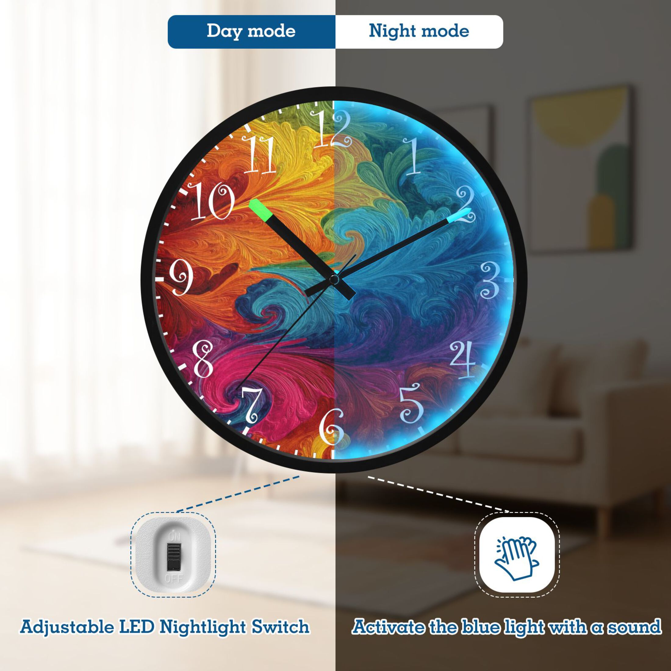 Voice Activated Clock with Glow Light 12 Inch Large Silent Wall Clock Battery Operated for Home Decor Vibrant Colorful Tie-dye Pattern