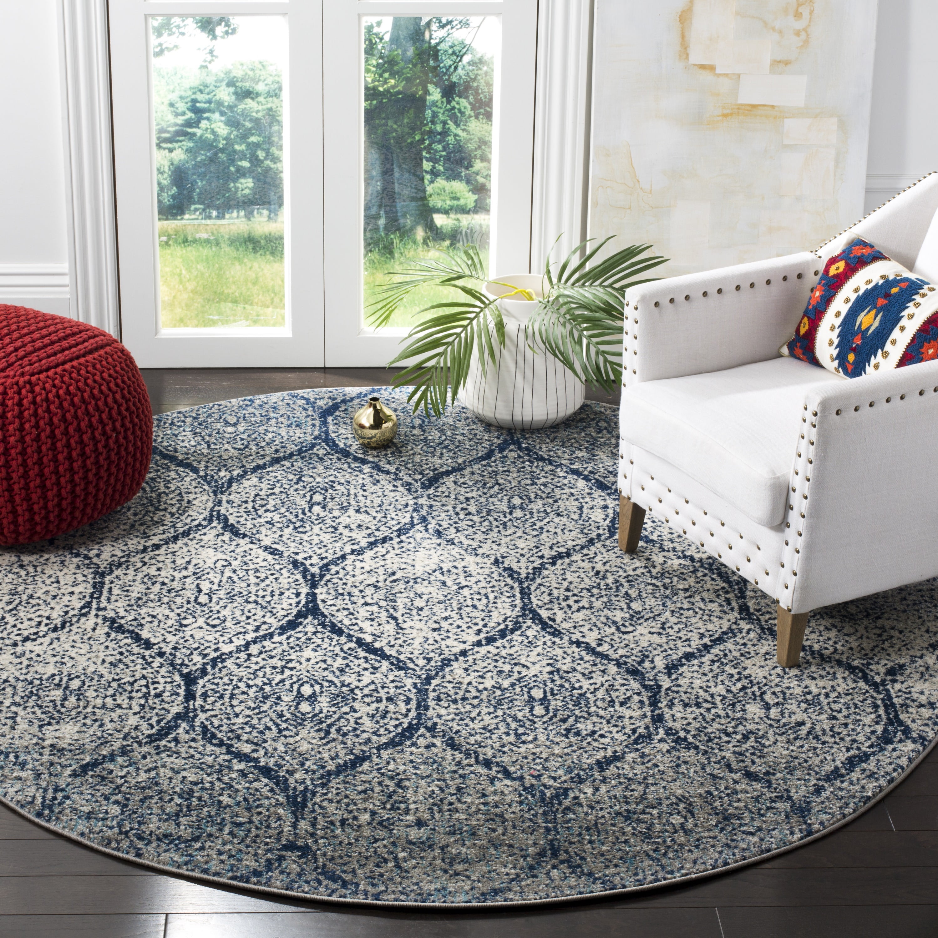 SAFAVIEH Madison Leighton Geometric Area Rug, Navy/Silver, 12' x 12' Round