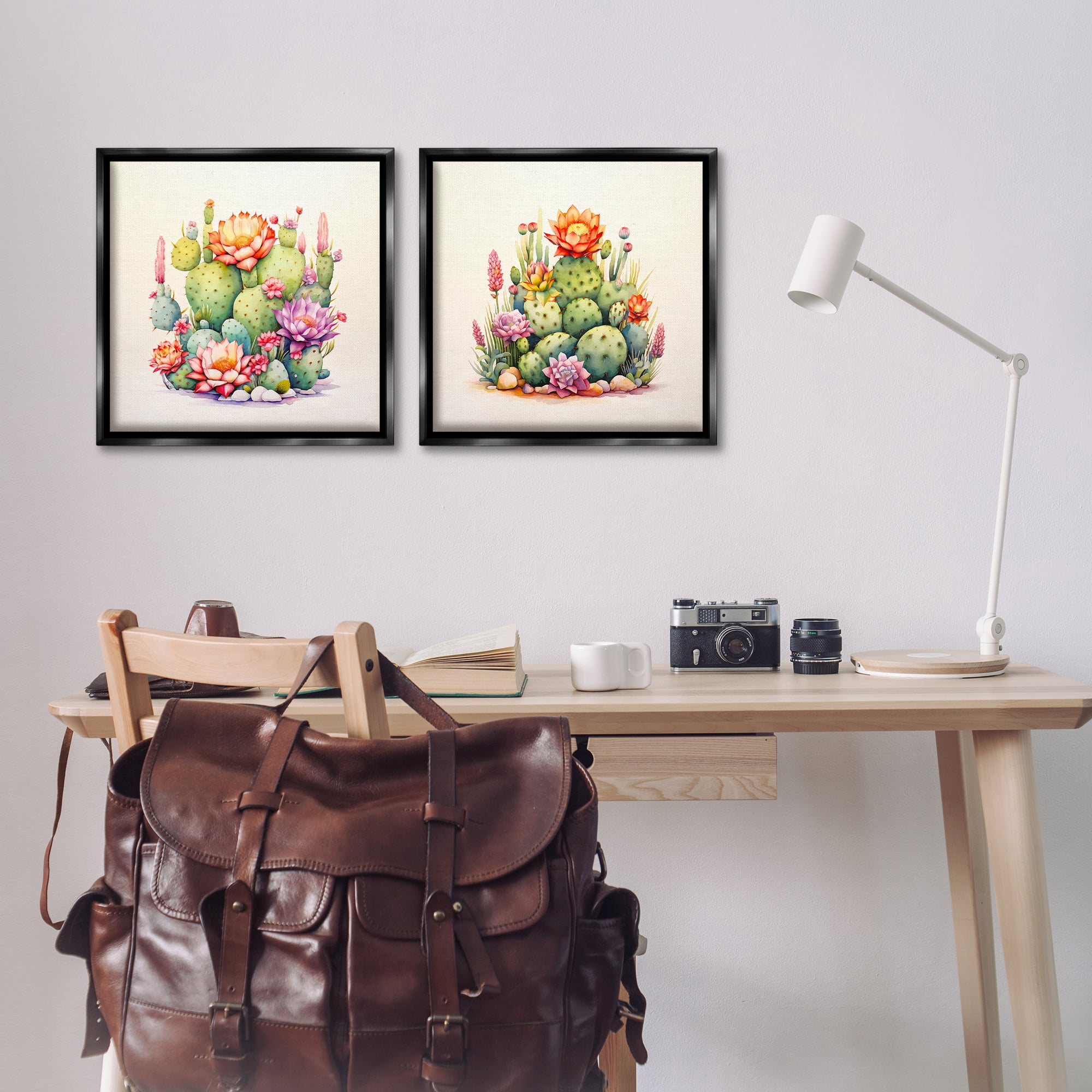 Stupell Industries Desert Spring Cactus Flowers Plants & Flowers Painting Black Floater Framed Canvas Art Print Wall Art, 18 x 18, Set of 2