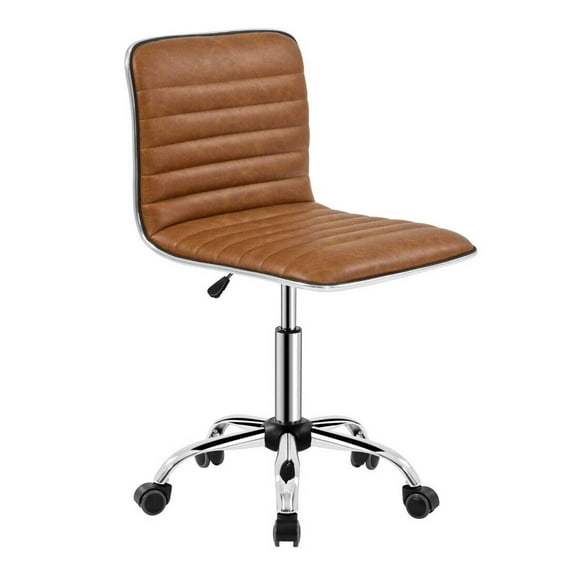 Wqmh Low Back PU Leather Ribbed Armless Office Chair, Ergonomic Swivel Computer Task Chair with Wheels for Office, Home,Retro Brown