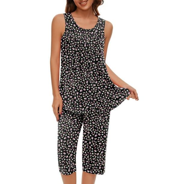 Conjunto de Ropa de Salón para Mujer Cuello Redondo Blusa sin Mangas Sólida Y Pantalones Cortos de Cintura Elástica Pantalones, Pantalones Cortos de Verano para Mujeres