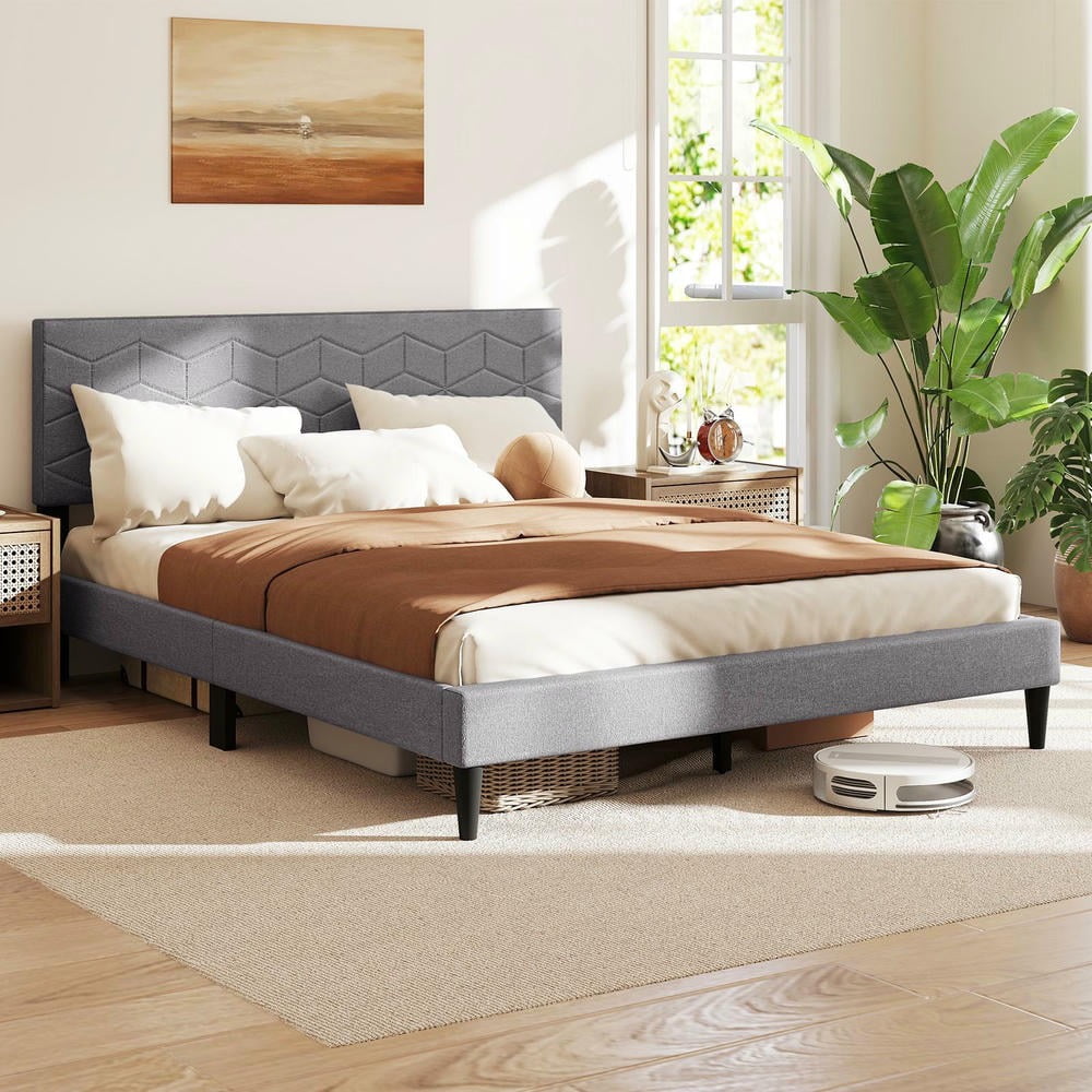 GVN Queen Size Sturdy Bed Frame with Linen Fabric Upholstered Headboard, Bedroom Platform Bed Frame for Apartment, Bedroom, Gray