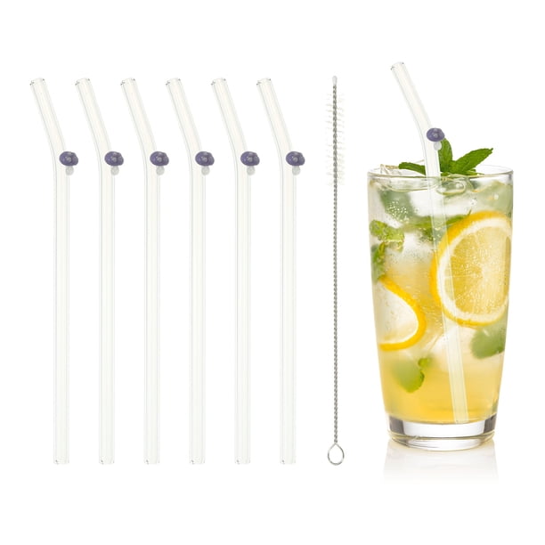 Uxcell 6 Pcs Popotes de Vidrio Reutilizables, Popote de Vidrio de 7.87" Resistente a los Golpes, Popotes Lindos y Transparentes para Whisky, Café, Jugo, Refrescos, Té, Morado