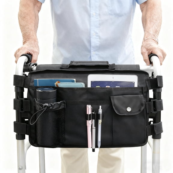 Upgraded Walker Bag for Folding Walker, Double Sided Walker Basket with Multi Pockets Cup Phone Holder Large Capacity Storage Basket for Seniors Walkers, Rollators