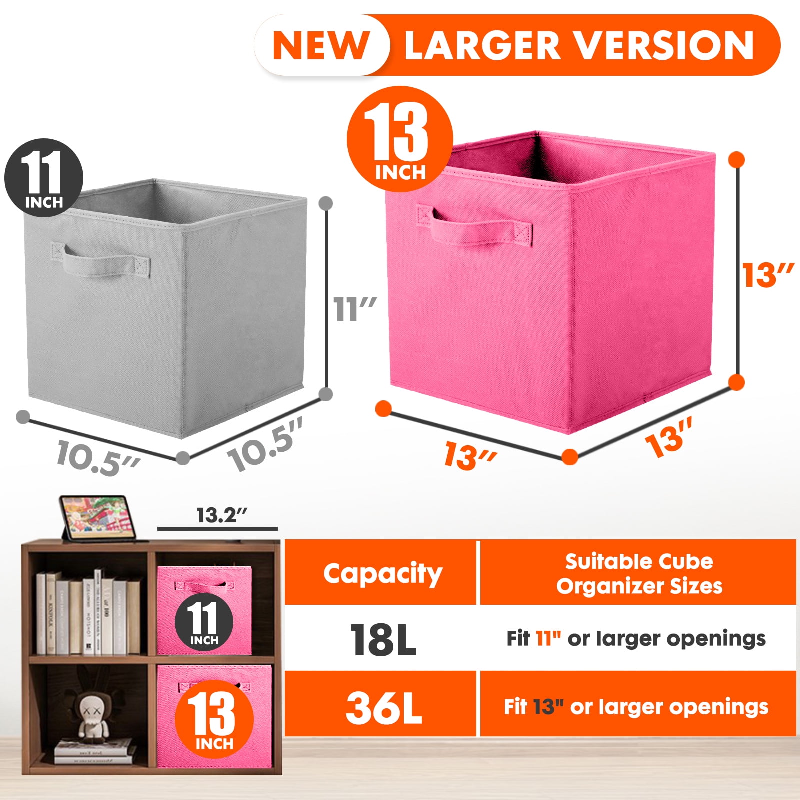 PinkSheep Collapsible Fabric Cube Storage Bins, Foldable Storage Cubes Organizer Bins Basket(13" x 13"), Hotpink, 6 Pack
