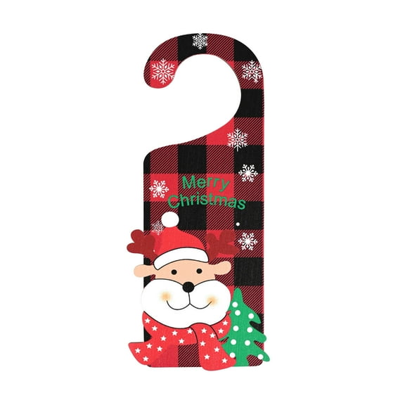 LSLJS Christmas Wooden Hanging Door Sign, Christmas Decorations, 8.7 inch Wooden Plaid Style Santa Snowman Reindeer Pattern Door Tag, Xmas Cute Hanging Room Sign Colorful Wooden Board Baubles