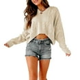 thumbnail image 4 of Women's V Neck Long Sleeve Cable Knit Oversized Cropped Sweater Pullover, 4 of 6