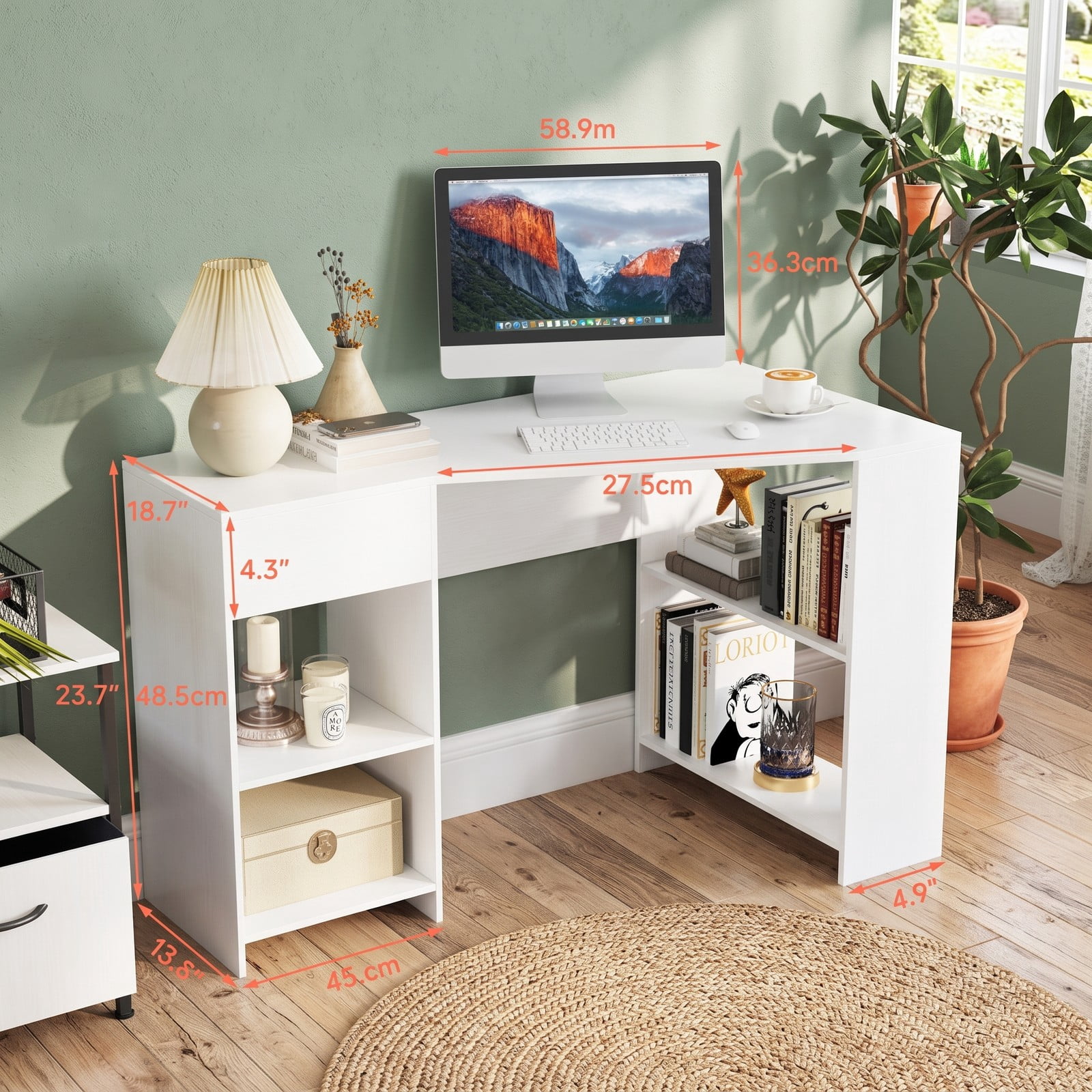 Furnibear 48 Inch L Shaped Corner Computer Desk with Drawer and Shelves, Executive Home Office Writing Gaming Workstation Table, Engineered Wood Study Desk, White
