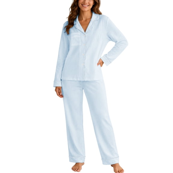 MEZZALL Women's 2 Piece Solid Color Pajama Set Lapel Long Sleeve Button Shirt Matching Straight Pants Casual Nightwear