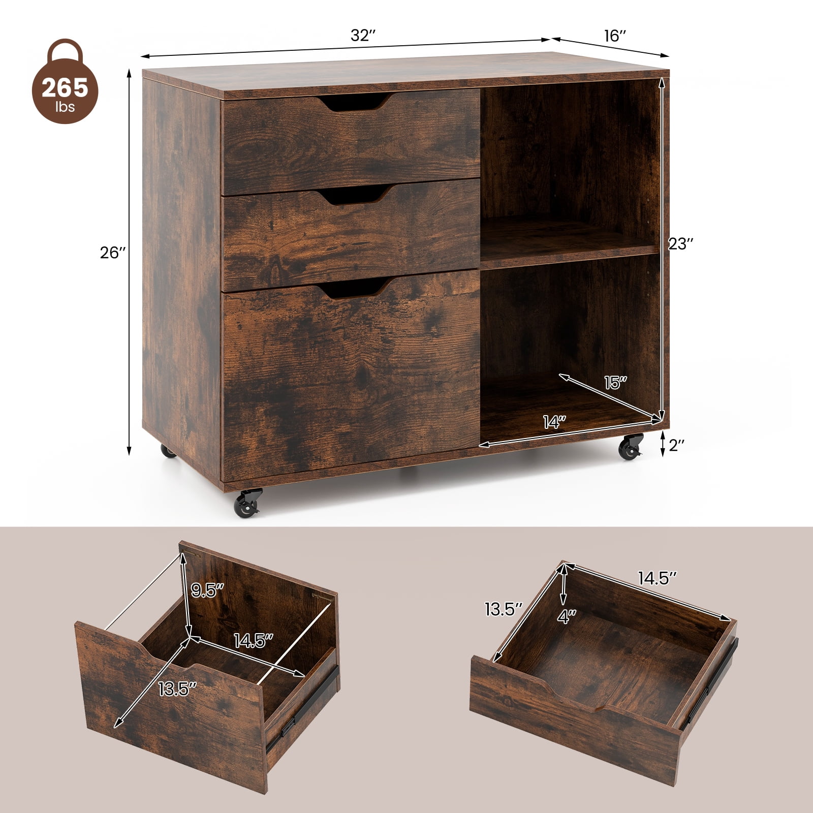 Giantex Rolling File Cabinet, Lateral Filing Cabinet w/Open Storage Shelves, Under Desk Storage Organizer, Mobile Printer Stand, Brown