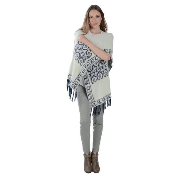 Women's Winter Knit Mayan Pattern Fringe Knit Poncho