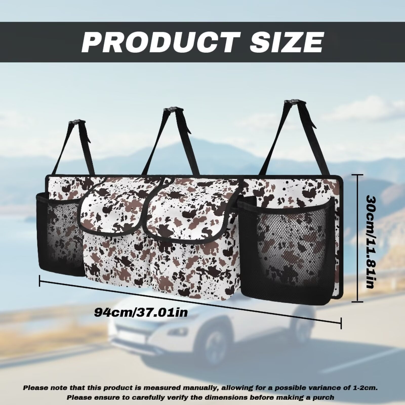 KUIFORTI Small Trunk Organizer Bag Cow Print Car Backseat Trunk Organizer - Auto Hanging Seat Back Storage - Multipurpose Cargo Accessory - Space Saving Facilitator for SUV, Hatchback, Crossover, Van