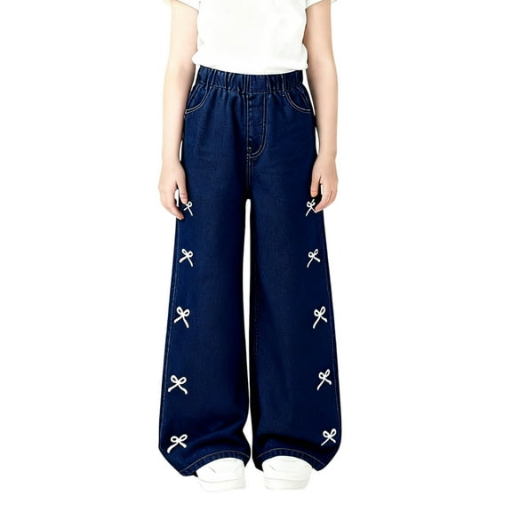 Girls' Bow Embroidery Jeans High Waist Wide Leg Pants Casual Baggy Denim Trousers Size 6-13