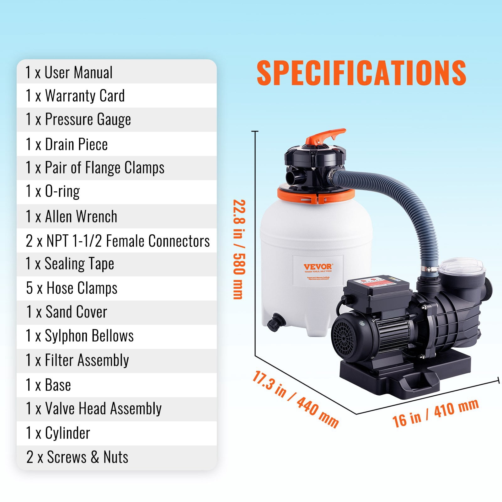 VEVOR 12-inch 3000 GPH Sand Filter Pump, 1/2 HP, Complete Pool System