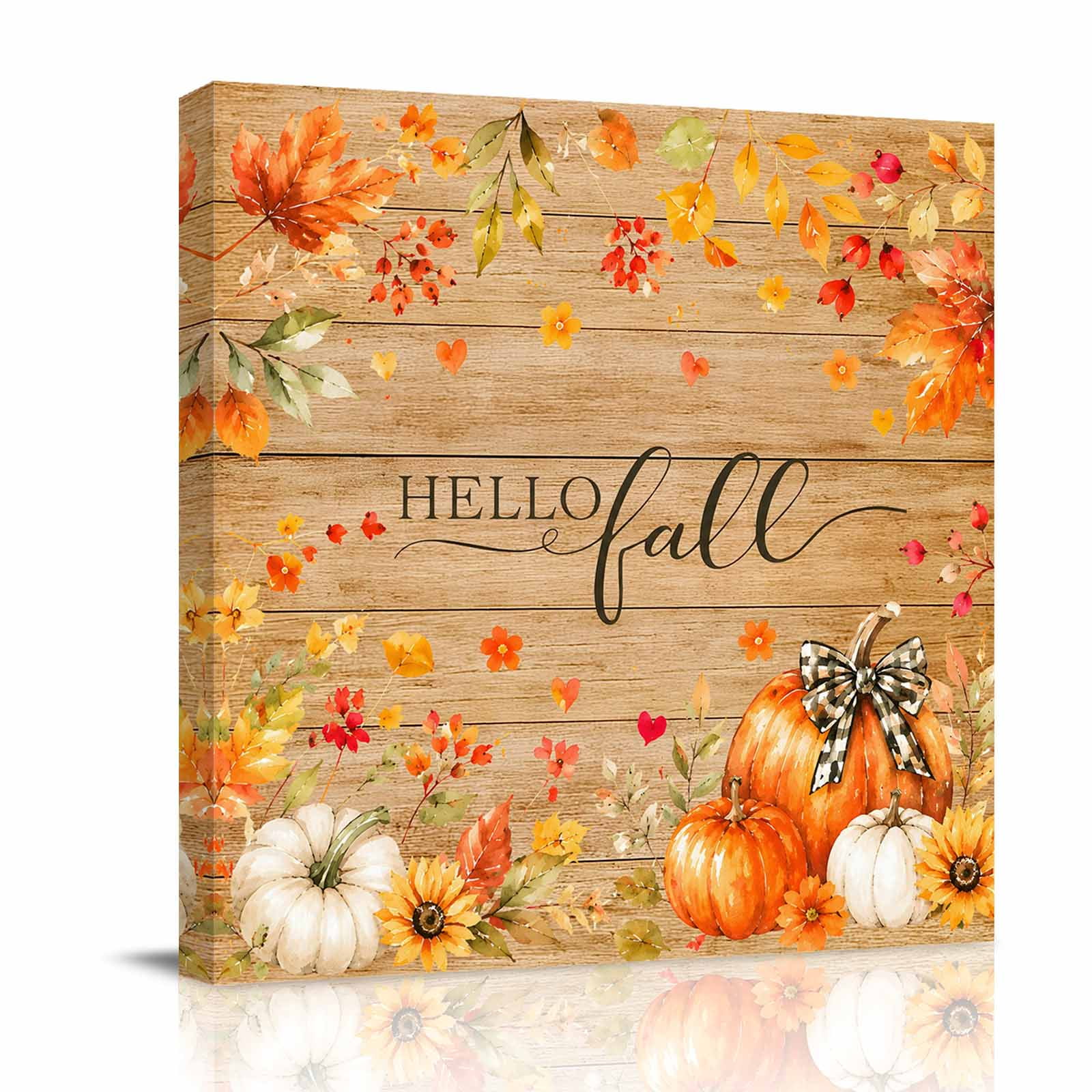 Canvas Wall Art Hello Fall Framed Canvas Prints for Bathroom Kitchen Orange Thanksgiving Orange Pumpkins Wooden Gallery Wrapped Wall Decor for Home Office Gifts 10 x10 Ship Next Day