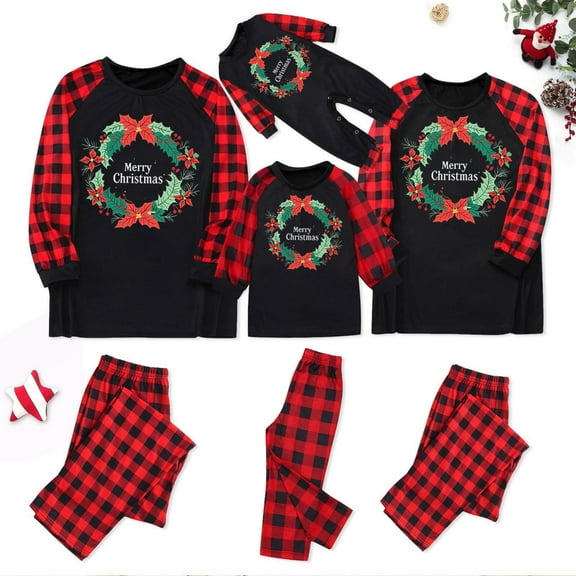 Odeerbi Christmas Pajamas for Family Holiday Plaid Long Sleeve Family Christmas Pajamas Matching Sets Dad Casual Plaid Print Tops Pants Set Two-Piece Sleepwear Xmas PJs Set Black