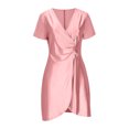 thumbnail image 4 of asdoklhq Wedding Guest Dresses for Women Short Sleeve Ladies' Colored Loose and Casual Satin Short-sleeved V-neck Pleated Dress Pink M, 4 of 6