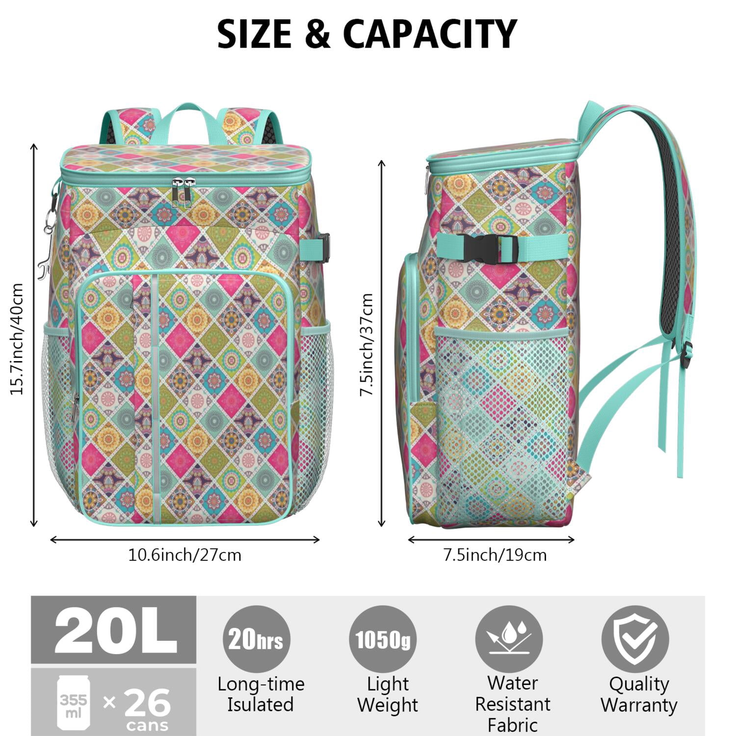 Travel Cooler Bag - Boho Bohemia Flower Camping Beer Cooler Backpack with Bottle Opener- Waterproof Insulated Picnic Backpacks - Cooler Bag for Beach