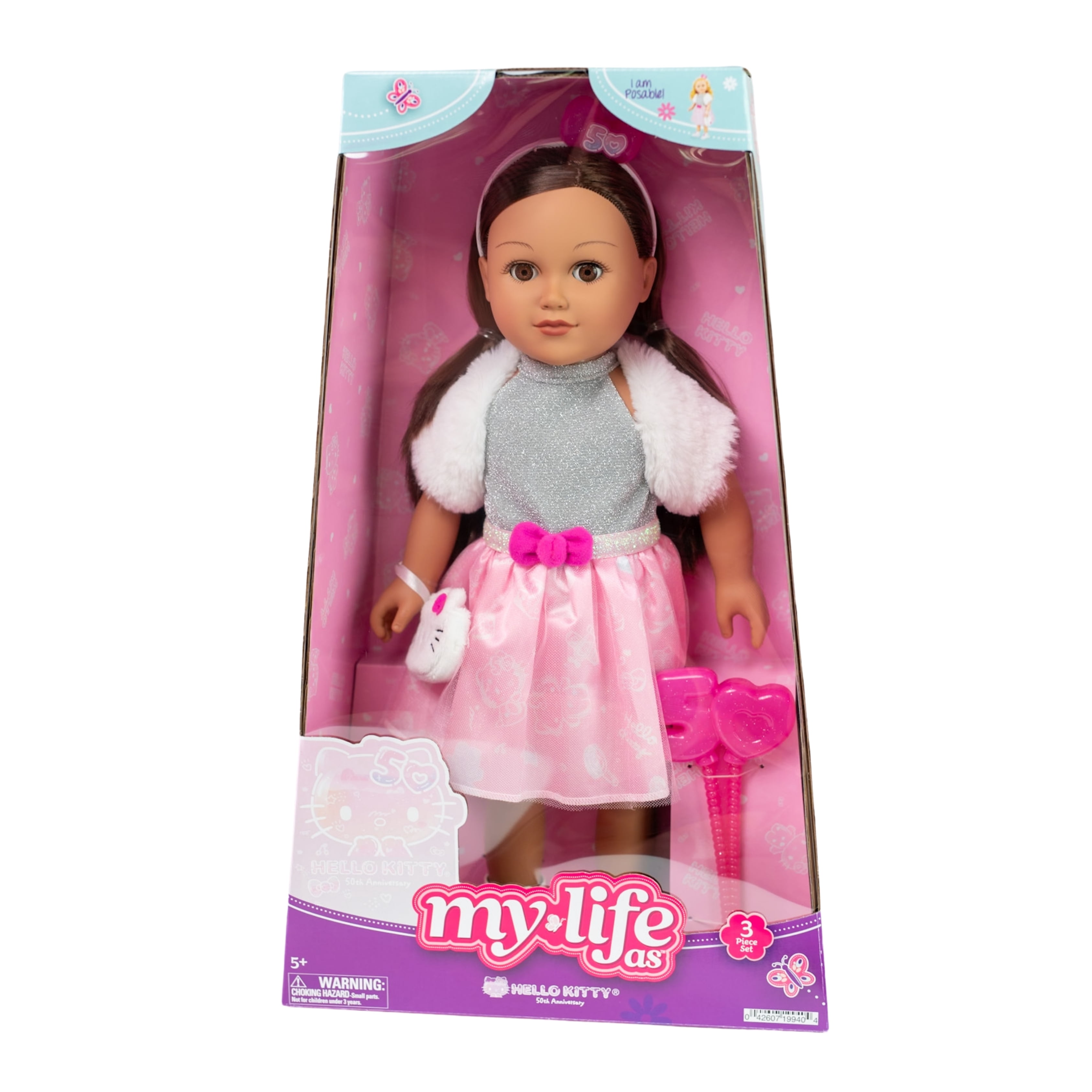 My Life As Poseable Hello Kitty 18" Doll, Dark Brunette Straight Hair, Brown Eyes, 50th Anniversary
