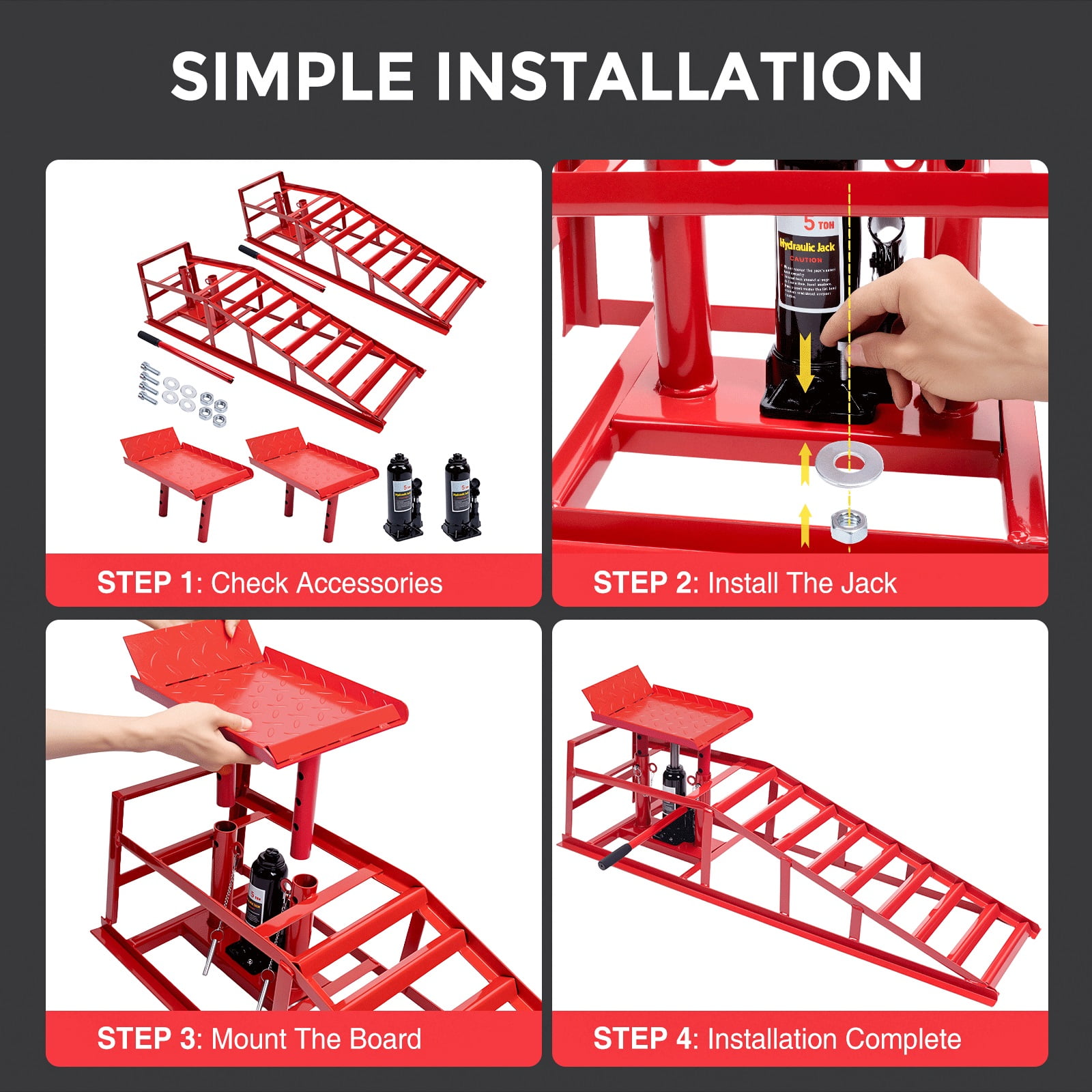 WheelX 2-Pack Hydraulic Car Ramps, Heavy-Duty Vehicle Ramps with 5T / 11000lbs Load Capacity, Portable Design for Effortless Oil Changes and Car Lifts, Perfect for Professional or Home Garage Use