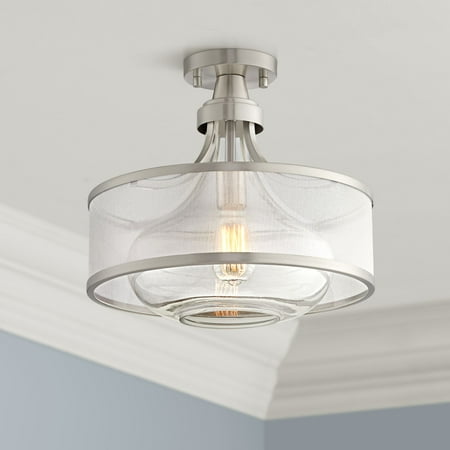 

Possini Euro Design Layne Modern Ceiling Light Semi Flush Mount Fixture 15 Wide Brushed Nickel Silver Organza Clear Glass Shade for Bedroom Kitchen