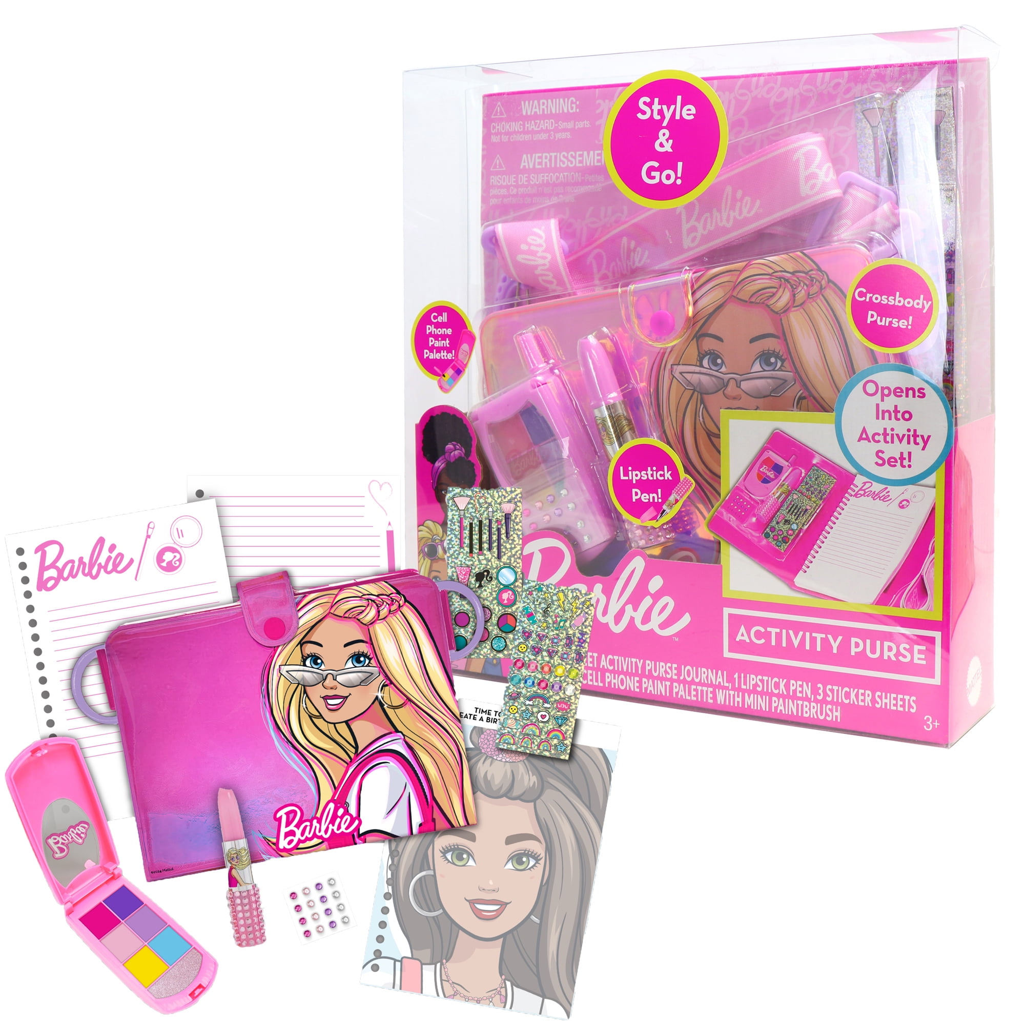 Tara Toy: Barbie Activity Purse - Style & Go Crossbody Purse, Opens Into Activity Journal Set, Lipstick Shaped Pen, Stickers, Paint, Kids Ages 3+
