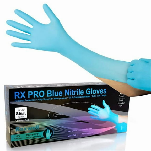 RX Pro Nitrile Disposable Gloves, Blue - 8.5 Mil - 12 in. Extended Cuff - Medium - 50 Count per Box