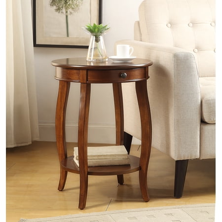 Accent Table with Drawer and Bottom Shelf Round Synthetic Wood Side Table with Cabriole Legs Walnut Finish Classic Round End Table for Living Room or Bedroom Compact Design