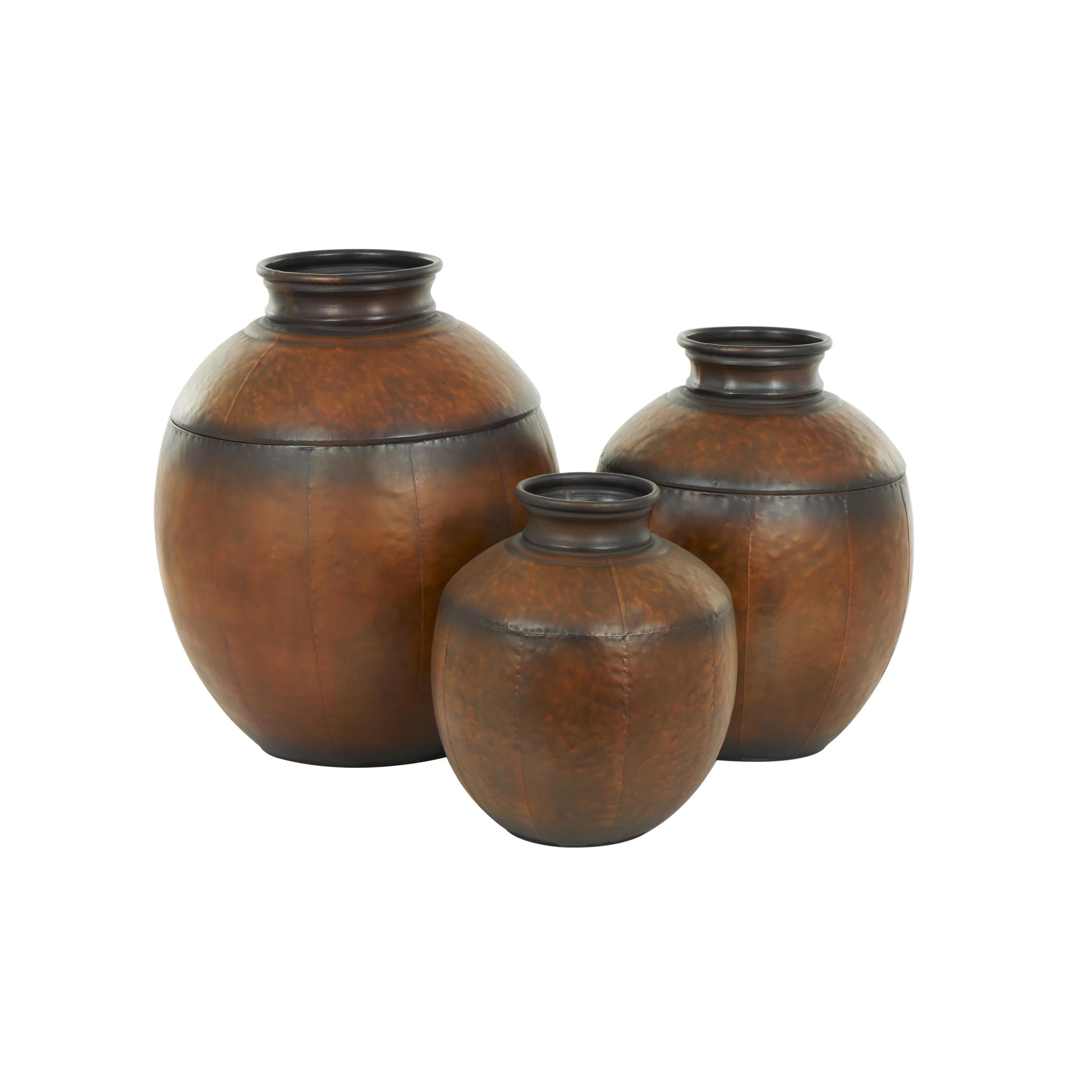 DecMode 26", 22", 17"H Antique Style Round Pot Floor Brown Metal Vase, Set of 3