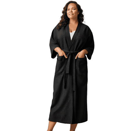 Elegani Robes and Towels Plus Size Women s Waffle Black Long Premium Cotton Blend Bathrobe (XXL)